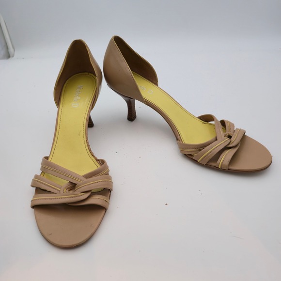 Michelle D Women Size 8 wooden Heels Sandals Strappy Tan yellow Leather peep toe - Picture 4 of 16